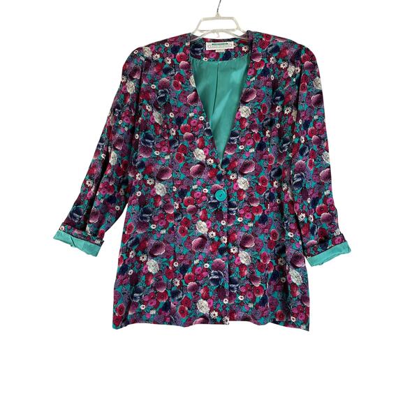 Jane Schaffhausen Belle France Vintage Women’s Teal Purple Floral Jacket Size 10 - Picture 1 of 6